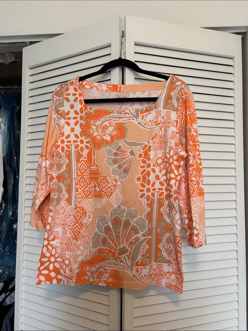 Chico’s Women's Orange Floral Pattern Square-Neck Top